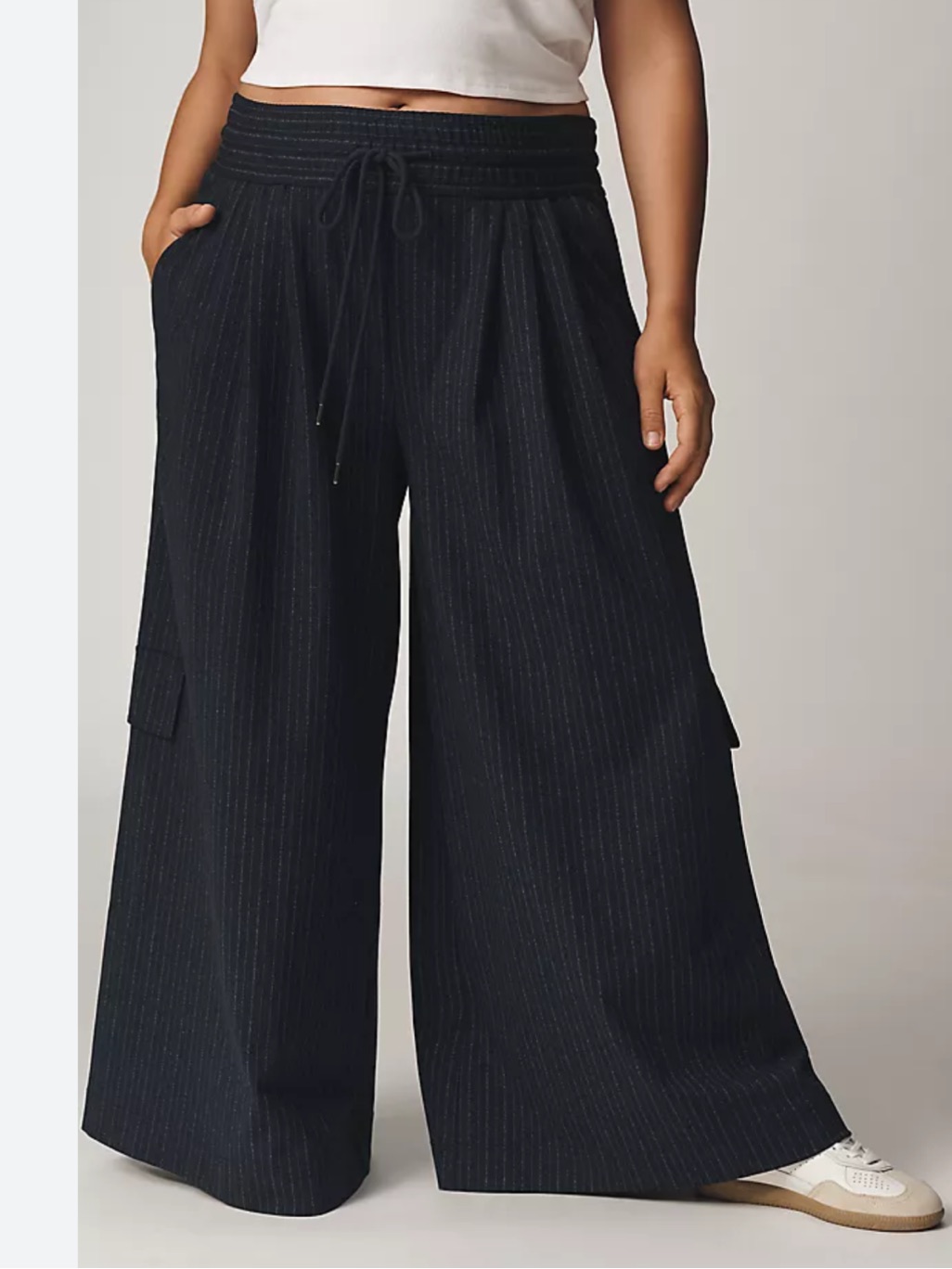 Anthropologie | Maeve Wide Leg Menswear Cargo Pant In Pinstripe Navy Xs